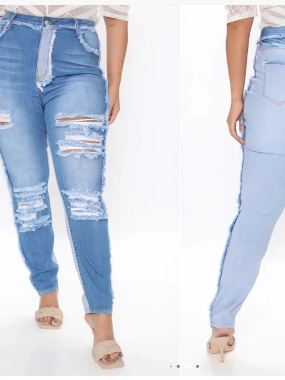 Fashion Nova Pull It Together Two Tone Skinny Distressed Light Blue Jeans - Picture 5 of 8